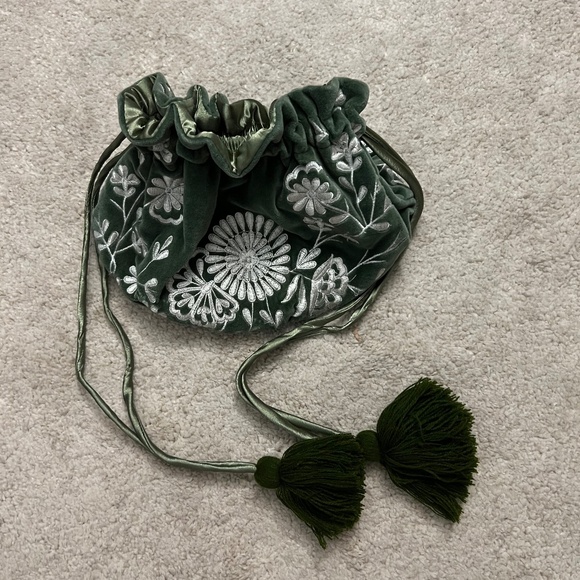 BHLDN by Anthropologie Velvet Bucket Bag - Green Embroidered - Picture 1 of 2